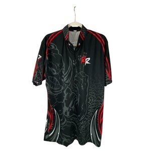 Rz Darts Polo Shirt Fear The Rhino Black & Red Graphic Design Oversized Grunge